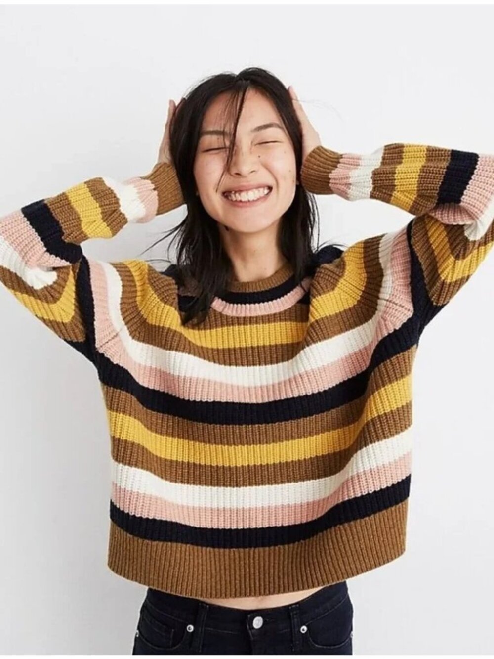 Madewell Striped Tilden Crewneck Pullover Sweater Fall Knit Merino Wool XL